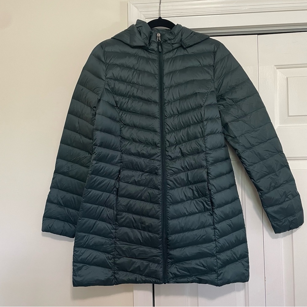 32 Degrees Hooded Long Puffer Coat in Dark Spruce Green